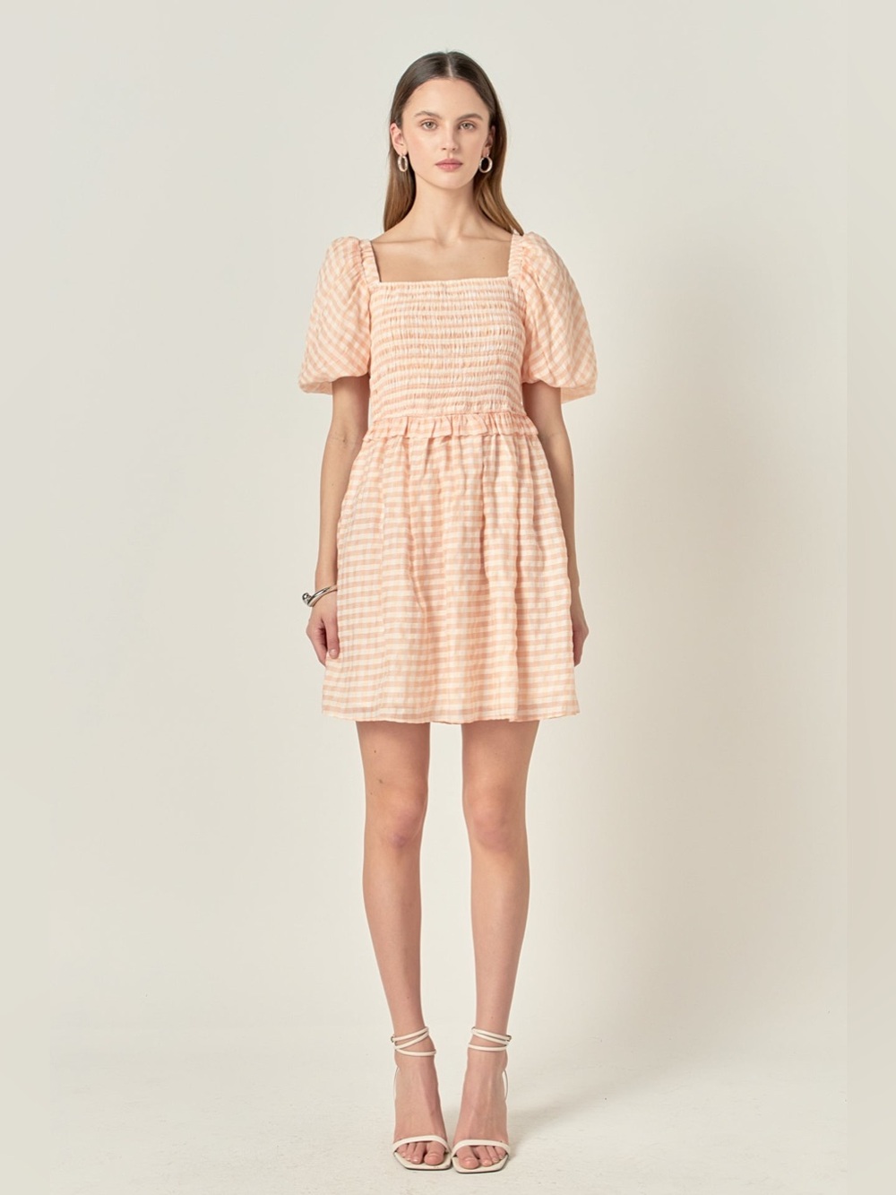 English Factory Plaid Smocked Puff Sleeve Mini Dress Coral Small